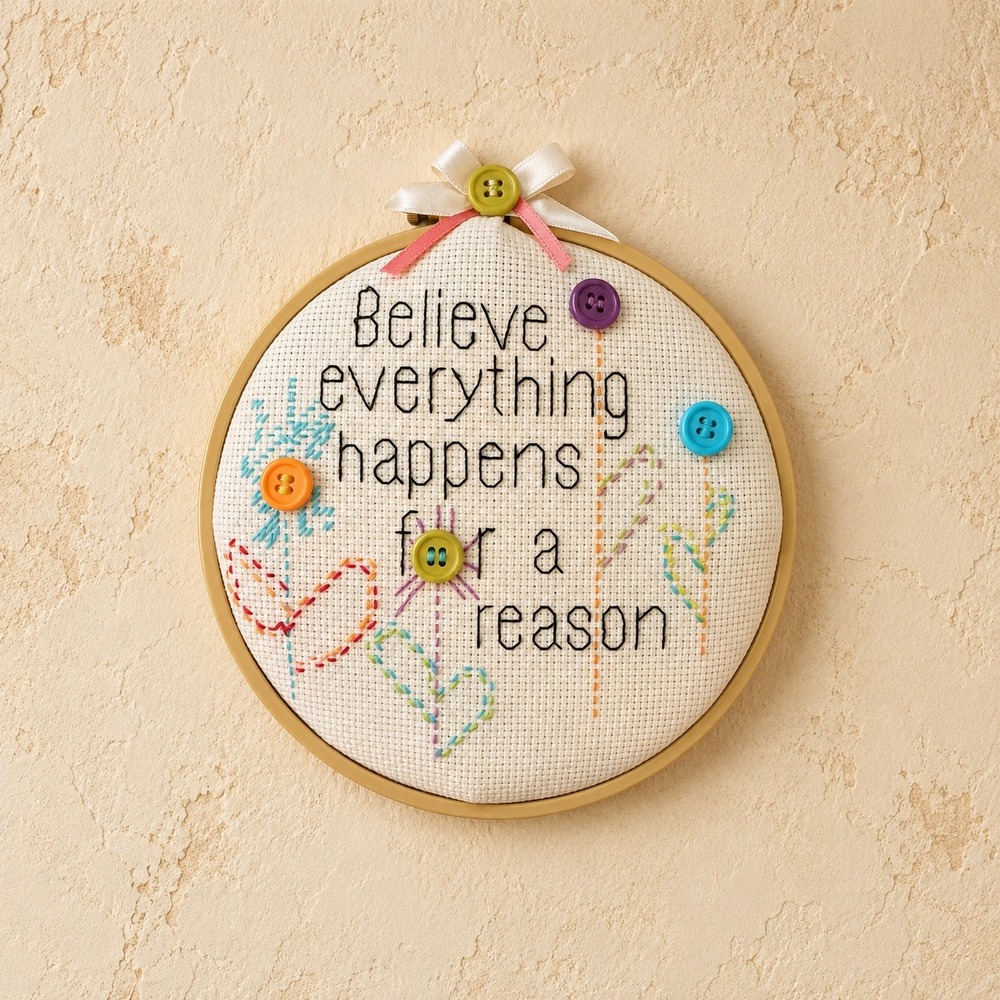 Vintage Handmade Cross Stitch Wall Art Believe Everything Happens For A Reason